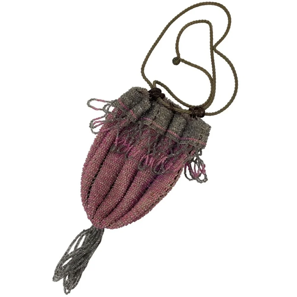 Glass Bead Drawstring Flapper Purse Manganese‎ Cadmium 1920s Purple UV Reactive